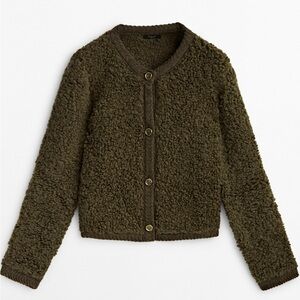 Massimo Dutti Boucle Knit Cardigan Wool Alpaca Gold Buttons Olive Khaki EUC